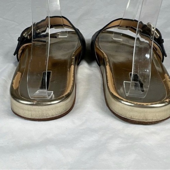 LONGCHAMP Slides Black Leather Gold 3 Buckle Strap Resort Sandals, US 9 - Picture 8 of 10